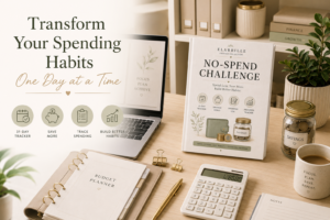 No-Spend Challenge Printable PDF featuring a challenge dashboard, no-spend rules checklist, 31-day daily tracker, spending temptation log, savings milestone trackers, weekly reflections, money saved summary, challenge wins checklist, financial goal planner, and notes in an elegant minimalist finance design.
