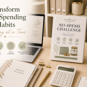 No-Spend Challenge Printable PDF featuring a challenge dashboard, no-spend rules checklist, 31-day daily tracker, spending temptation log, savings milestone trackers, weekly reflections, money saved summary, challenge wins checklist, financial goal planner, and notes in an elegant minimalist finance design.