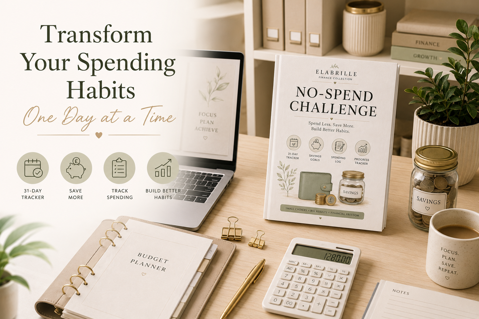 No-Spend Challenge Printable PDF featuring a challenge dashboard, no-spend rules checklist, 31-day daily tracker, spending temptation log, savings milestone trackers, weekly reflections, money saved summary, challenge wins checklist, financial goal planner, and notes in an elegant minimalist finance design.