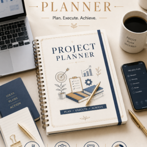 Project Planner Printable PDF featuring a project overview, milestone roadmap, task dashboard, Eisenhower priority matrix, budget tracker, circular progress tracker, risk log, weekly review, and notes in an elegant minimalist business design.