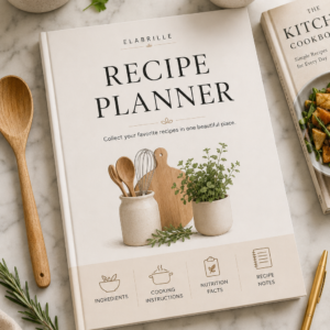 Recipe Planner Printable PDF featuring recipe details, ingredients checklist, cooking instructions, equipment list, nutrition information, grocery checklist, recipe rating, notes, and a photo section in an elegant minimalist layout.