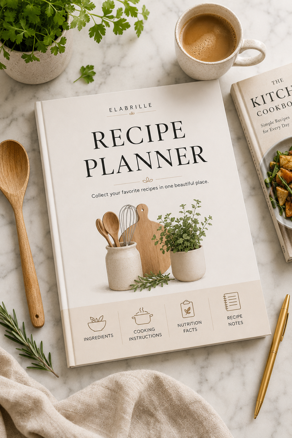 Recipe Planner Printable PDF featuring recipe details, ingredients checklist, cooking instructions, equipment list, nutrition information, grocery checklist, recipe rating, notes, and a photo section in an elegant minimalist layout.