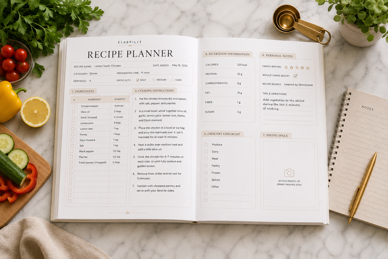 Recipe Planner Printable PDF featuring recipe details, ingredients checklist, cooking instructions, equipment list, nutrition information, grocery checklist, recipe rating, notes, and a photo section in an elegant minimalist layout.