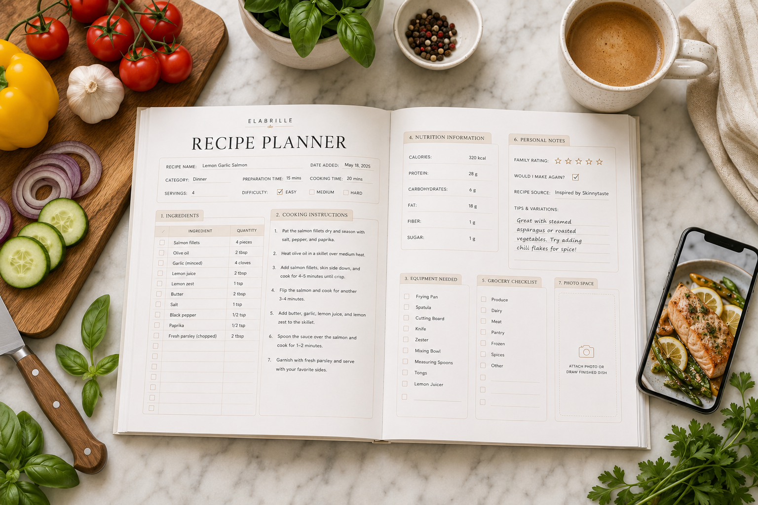 Recipe Planner Printable PDF featuring recipe details, ingredients checklist, cooking instructions, equipment list, nutrition information, grocery checklist, recipe rating, notes, and a photo section in an elegant minimalist layout.