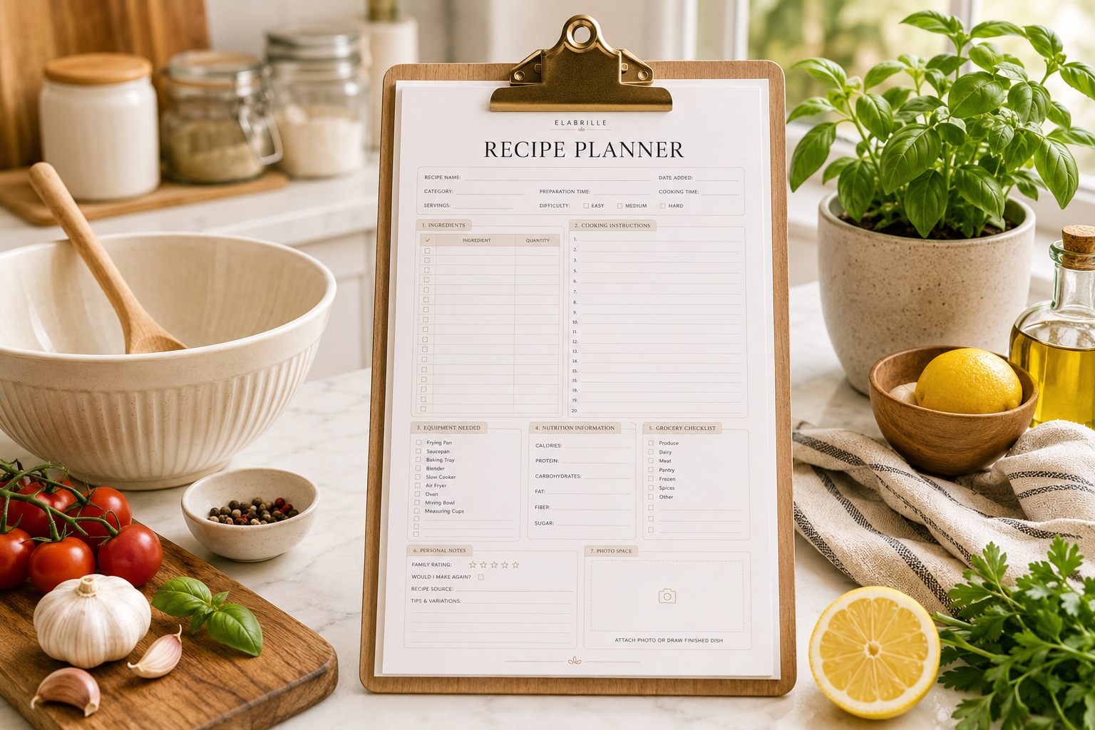 Recipe Planner Printable PDF featuring recipe details, ingredients checklist, cooking instructions, equipment list, nutrition information, grocery checklist, recipe rating, notes, and a photo section in an elegant minimalist layout.