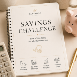 Savings Challenge Printable PDF featuring a 30-day savings challenge, 52-week savings challenge, savings progress tracker, monthly savings summary, motivation section, and notes in an elegant minimalist design.