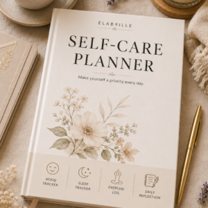 Self-Care Planner Printable PDF featuring a mood tracker, sleep tracker, exercise log, water intake tracker, healthy habits checklist, gratitude journal, daily reflection, positive affirmation section, and notes in an elegant minimalist design.