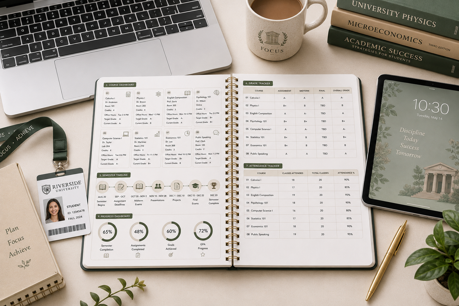 Semester Planner Printable PDF featuring a semester overview, course dashboard, semester timeline, assignment tracker, exam planner, grade tracker, attendance tracker, progress dashboard, habit tracker, reflection page, and notes in an elegant minimalist academic design.