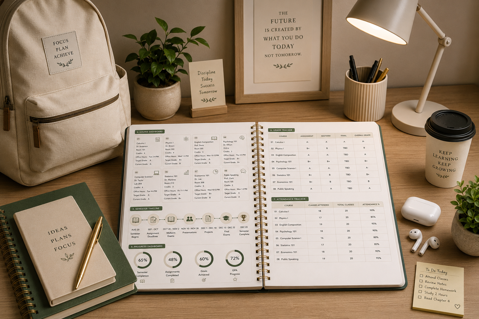 Semester Planner Printable PDF featuring a semester overview, course dashboard, semester timeline, assignment tracker, exam planner, grade tracker, attendance tracker, progress dashboard, habit tracker, reflection page, and notes in an elegant minimalist academic design.
