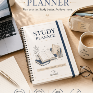 Study Planner Printable PDF featuring weekly study cards, a daily focus wheel, subject progress tracker, assignment and exam tracker, Pomodoro tracker, study habit checklist, productivity ratings, weekly reflection, and notes in an elegant minimalist academic design.