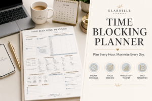 Time Blocking Planner Printable PDF featuring a daily focus dashboard, hourly time blocking schedule, deep work session tracker, break tracker, productivity dashboard, distraction log, reflection section, and notes in an elegant minimalist productivity design.