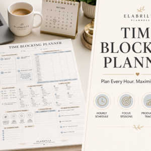 Time Blocking Planner Printable PDF featuring a daily focus dashboard, hourly time blocking schedule, deep work session tracker, break tracker, productivity dashboard, distraction log, reflection section, and notes in an elegant minimalist productivity design.
