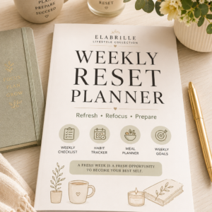 Weekly Reset Planner Printable PDF featuring a weekly reset dashboard, comprehensive reset checklist, weekly goals, habit tracker, meal planner, weekly schedule, brain dump section, shopping and errands list, weekly reflection, and notes in an elegant minimalist design.