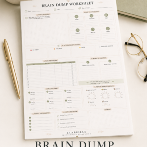 Brain Dump Worksheet Printable PDF featuring a brain dump writing area, thought category cards, action priority matrix, task breakdown table, worry vs. control section, idea capture cards, mental energy tracker, top priorities list, reflection prompts, and notes in an elegant minimalist design.