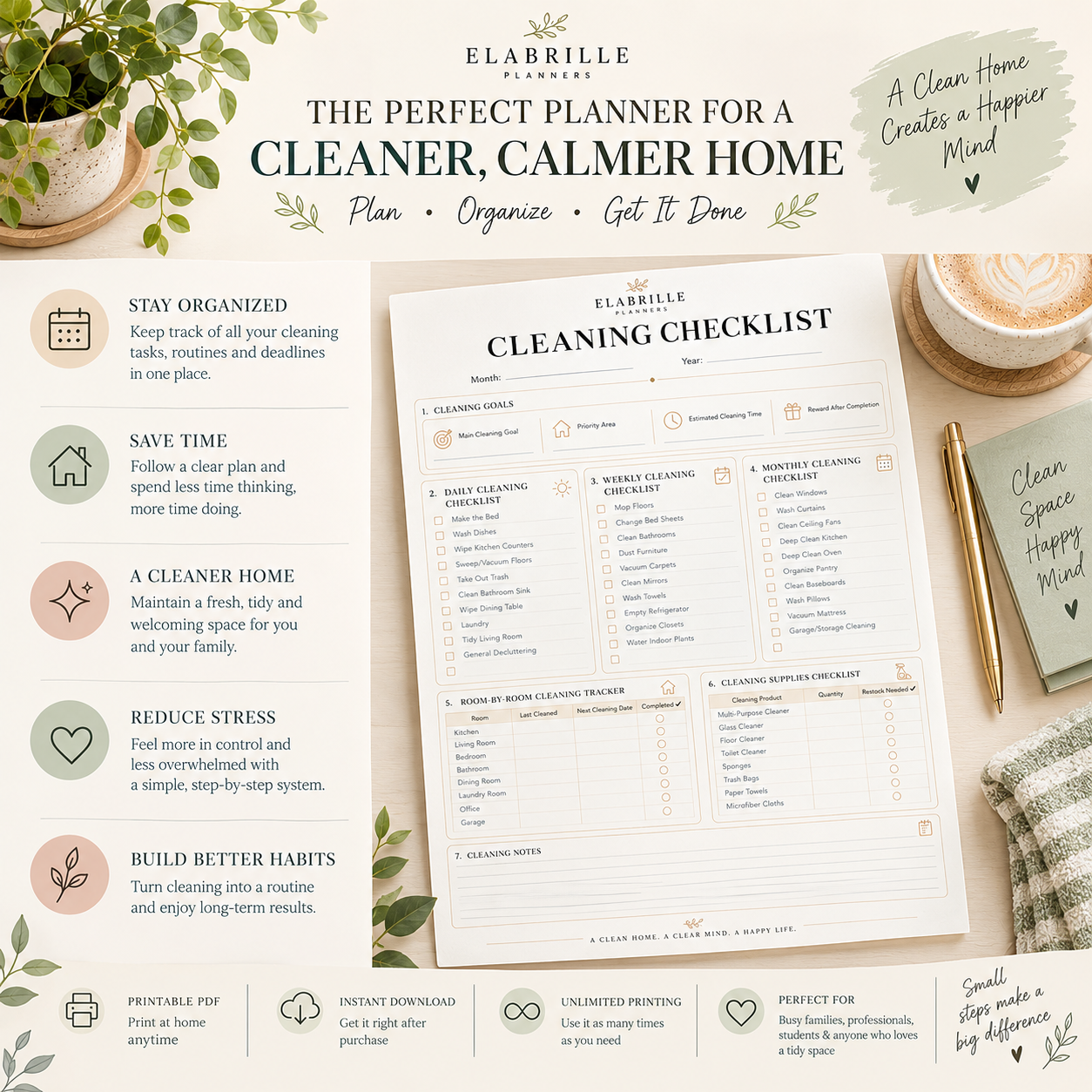 Cleaning Checklist Printable | Daily, Weekly & Monthly Cleaning Planner PDF