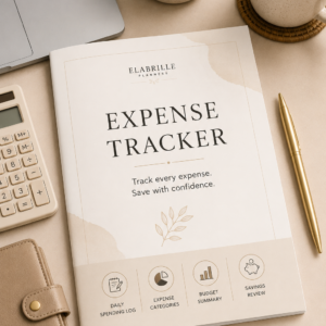 Expense Tracker Printable PDF featuring a daily spending log, expense category summary, payment method tracker, budget summary, savings review, and financial notes in an elegant minimalist layout.