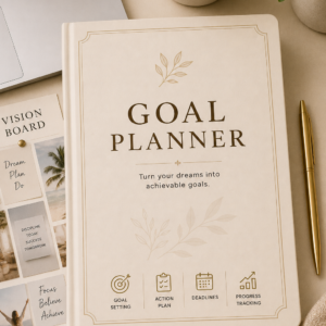Goal Planner Printable PDF featuring goal setting, SMART goal framework, action steps, milestone tracker, deadline planner, progress tracker, obstacles and solutions section, and notes in an elegant minimalist layout.