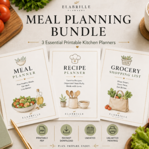 Meal Planning Bundle Printable PDF featuring a Meal Planner, Recipe Planner, and Grocery Shopping List with elegant minimalist layouts designed for weekly meal planning, recipe organization, and grocery shopping.