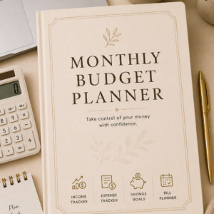 Monthly Budget Planner Printable PDF featuring income tracker, expense tracker, savings tracker, bill payment tracker, monthly budget summary, financial goals, and budget reflection in an elegant minimalist layout.