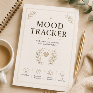 Mood Tracker Printable PDF featuring a monthly mood calendar, color-coded mood key, emotional reflection section, mood statistics, and monthly wellness review in an elegant minimalist design.