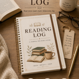 Reading Log Printable PDF featuring a monthly reading dashboard, bookshelf-style progress tracker, daily reading log, favorite quotes section, book review, reading habit tracker, monthly statistics, reflection page, and notes in an elegant minimalist design.