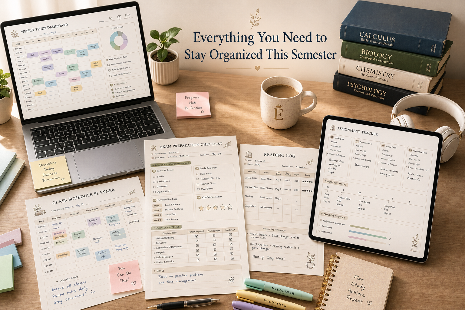 Student Planner Bundle Printable PDF featuring five academic planning templates including a Study Planner, Assignment Tracker, Exam Preparation Checklist, Class Schedule Planner, and Reading Log in an elegant minimalist design.