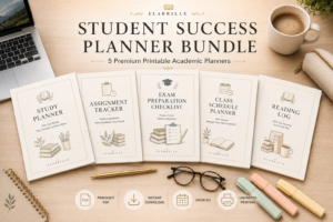 Student Planner Bundle Printable PDF featuring five academic planning templates including a Study Planner, Assignment Tracker, Exam Preparation Checklist, Class Schedule Planner, and Reading Log in an elegant minimalist design.