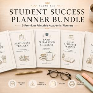 Student Planner Bundle Printable PDF featuring five academic planning templates including a Study Planner, Assignment Tracker, Exam Preparation Checklist, Class Schedule Planner, and Reading Log in an elegant minimalist design.