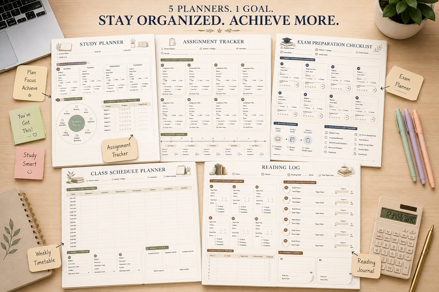 Student Planner Bundle Printable PDF featuring five academic planning templates including a Study Planner, Assignment Tracker, Exam Preparation Checklist, Class Schedule Planner, and Reading Log in an elegant minimalist design.