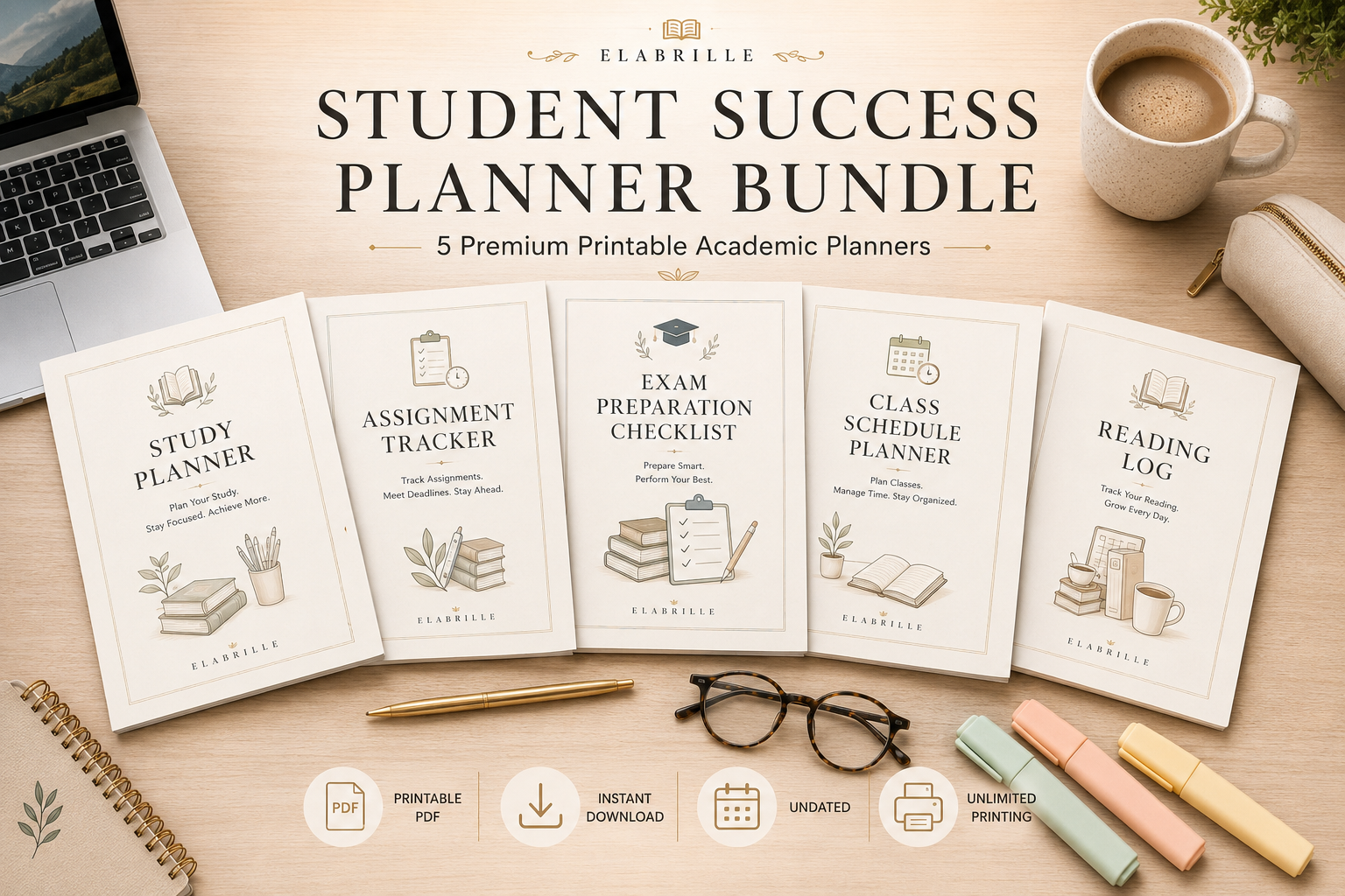 Student Planner Bundle Printable PDF featuring five academic planning templates including a Study Planner, Assignment Tracker, Exam Preparation Checklist, Class Schedule Planner, and Reading Log in an elegant minimalist design.