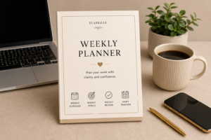 Weekly Planner Printable PDF featuring Monday to Sunday planning sections, weekly goals, habit tracker, notes, and weekly review in an elegant minimalist layout.