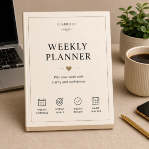 Weekly Planner Printable PDF featuring Monday to Sunday planning sections, weekly goals, habit tracker, notes, and weekly review in an elegant minimalist layout.