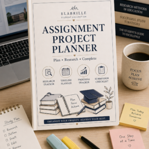 Assignment Project Planner Printable PDF featuring a project overview, task breakdown table, research notes section, source tracker, weekly timeline planner, progress tracker, presentation checklist, final review checklist, and notes in an elegant minimalist academic design.