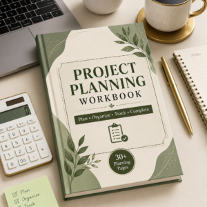 Project Planning Workbook Printable PDF featuring project goals, task breakdowns, timelines, milestones, budget tracking, resource planning, risk assessment, progress tracking, project reviews, completion checklists, and a professional minimalist design.