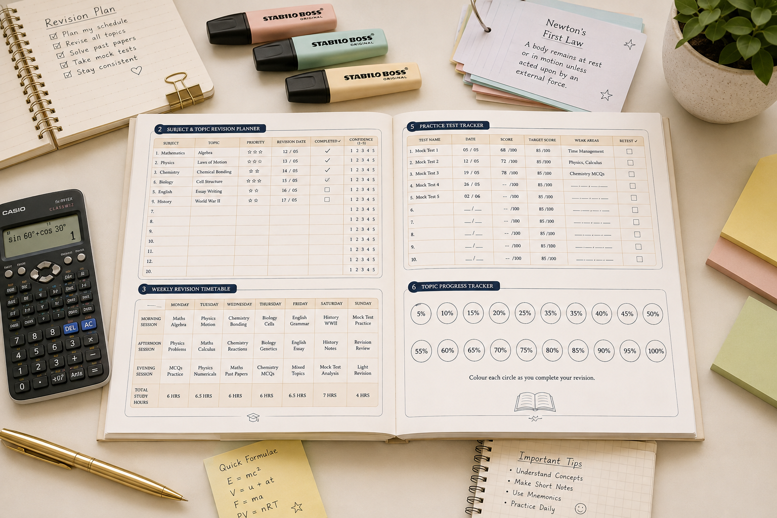 Exam Revision Planner Printable PDF featuring a revision dashboard, subject and topic tracker, weekly revision timetable, daily study planner, practice test tracker, progress circles, difficult topics section, exam day checklist, motivation prompts, and notes in an elegant minimalist academic design.