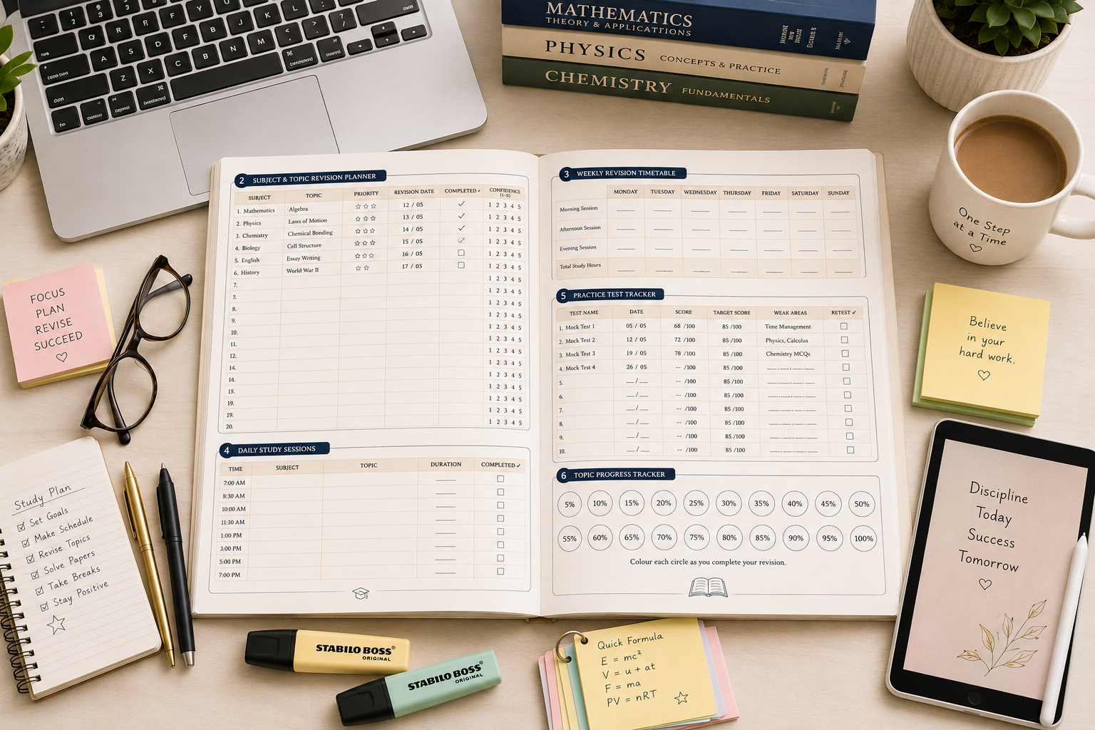 Exam Revision Planner Printable PDF featuring a revision dashboard, subject and topic tracker, weekly revision timetable, daily study planner, practice test tracker, progress circles, difficult topics section, exam day checklist, motivation prompts, and notes in an elegant minimalist academic design.
