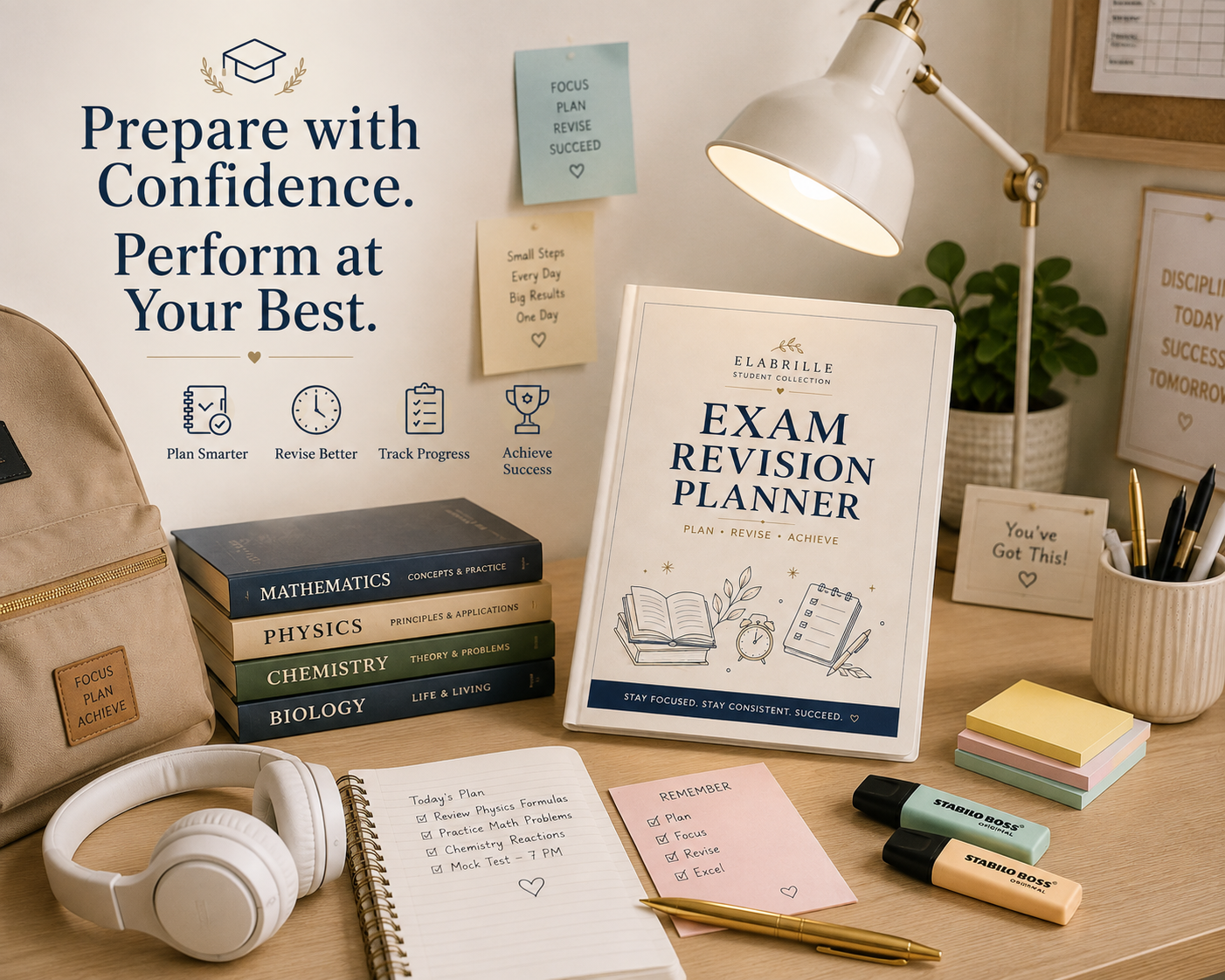 Exam Revision Planner Printable PDF featuring a revision dashboard, subject and topic tracker, weekly revision timetable, daily study planner, practice test tracker, progress circles, difficult topics section, exam day checklist, motivation prompts, and notes in an elegant minimalist academic design.