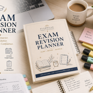 Exam Revision Planner Printable PDF featuring a revision dashboard, subject and topic tracker, weekly revision timetable, daily study planner, practice test tracker, progress circles, difficult topics section, exam day checklist, motivation prompts, and notes in an elegant minimalist academic design.