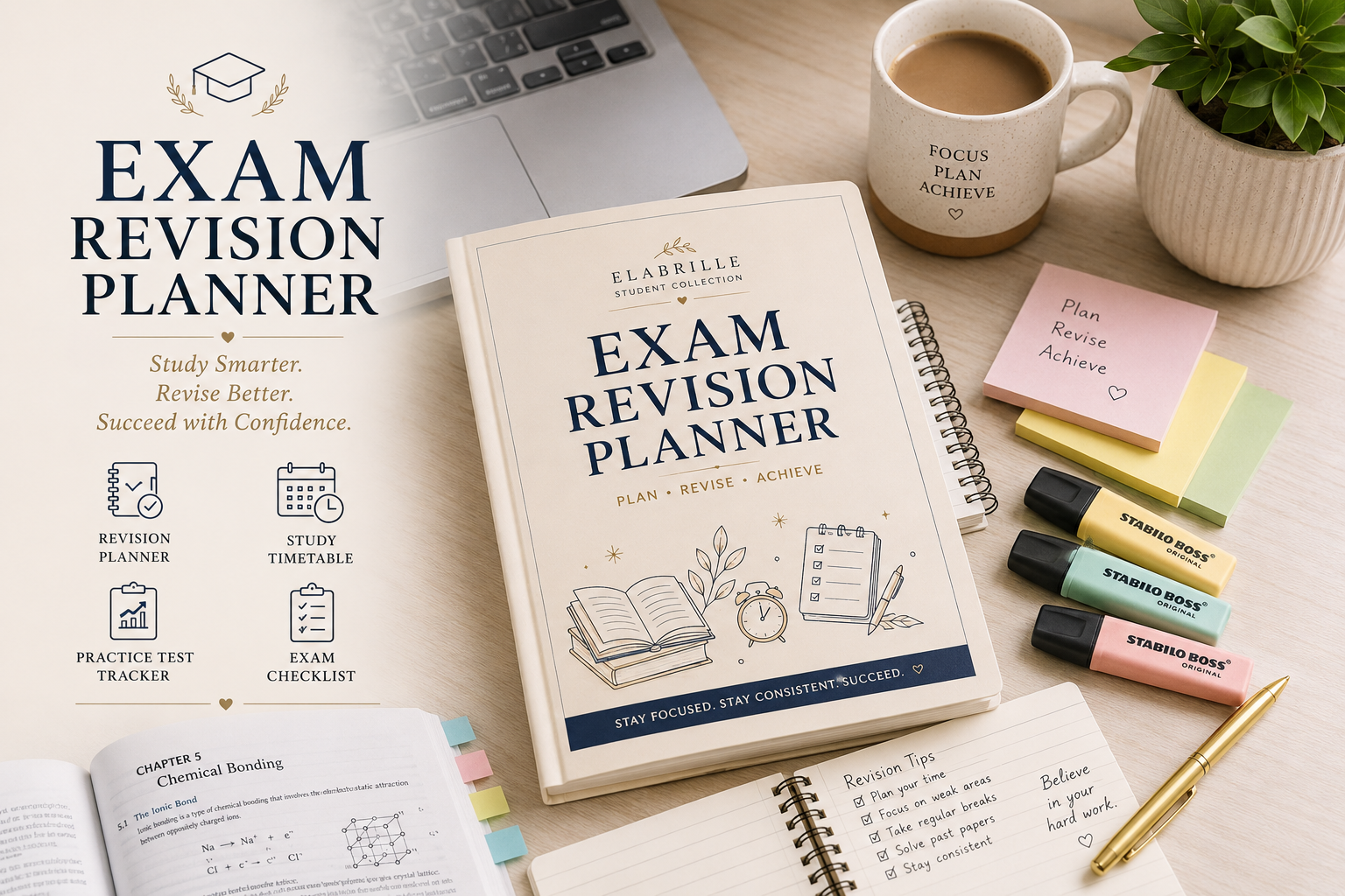 Exam Revision Planner Printable PDF featuring a revision dashboard, subject and topic tracker, weekly revision timetable, daily study planner, practice test tracker, progress circles, difficult topics section, exam day checklist, motivation prompts, and notes in an elegant minimalist academic design.