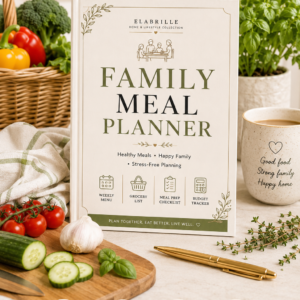 Family Meal Planner Printable PDF featuring a weekly family meal planner, grocery shopping list, meal prep checklist, favourite meals tracker, pantry inventory, nutrition tracker, grocery budget tracker, family notes, weekly reflection, and an elegant minimalist kitchen-themed design.