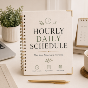 Hourly Daily Schedule Printable PDF featuring a 6 AM to 10 PM hourly timetable, top three priorities, time blocking, task list, appointment tracker, break and self-care tracker, water tracker, productivity tracker, notes, and end-of-day review in an elegant minimalist design.