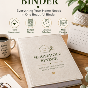 Household Binder Printable PDF featuring a premium home management system with household dashboard, calendars, meal planners, grocery lists, budget trackers, cleaning schedules, home maintenance logs, family information pages, and elegant minimalist botanical design.