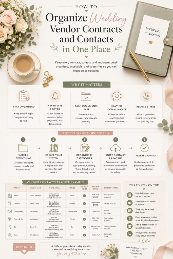 wedding vendor contract tracker, how to organize wedding vendors, wedding vendor contact list, wedding vendor management, keeping track of wedding vendors