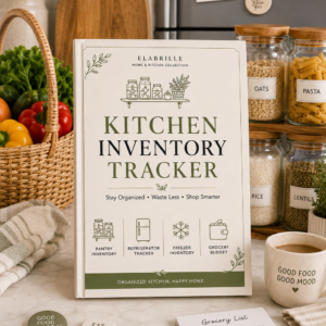 Kitchen Inventory Tracker Printable PDF featuring a pantry inventory log, refrigerator inventory, freezer inventory, expiry alert tracker, weekly restock list, kitchen organization checklist, grocery budget summary, meal ideas section, and elegant minimalist kitchen organization design.