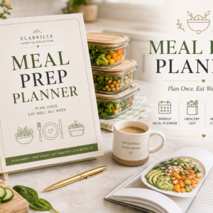 Meal Prep Planner Printable PDF featuring a weekly meal planning table, meal prep checklist, grocery shopping list, ingredient inventory, meal prep schedule, water intake tracker, nutrition goals, weekly reflection, and notes in an elegant minimalist kitchen-themed design.