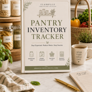 Pantry Inventory Tracker Printable PDF featuring a pantry dashboard, inventory log, expiry date tracker, shopping restock list, pantry organization checklist, essential pantry staples tracker, pantry budget tracker, monthly review, and an elegant minimalist kitchen organization design.