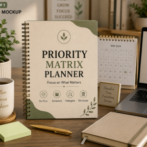 Priority Matrix Planner Printable PDF featuring a four-quadrant urgent and important task matrix, do first planner, scheduling worksheet, delegation tracker, elimination list, daily and weekly priority planning, and productivity reflection in an elegant minimalist design.