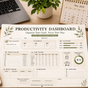 Productivity Dashboard Printable PDF featuring top three priorities, goal progress bars, daily task tracker, weekly habit tracker, focus time, project tracker, productivity scorecard, brain dump, daily wins, and end-of-day review in an elegant minimalist design.