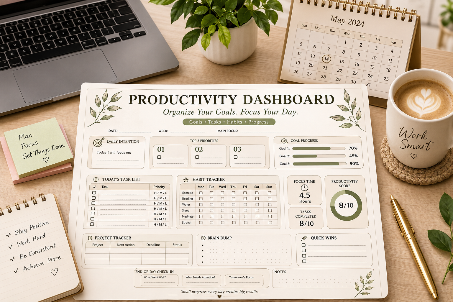 Productivity Dashboard Printable PDF featuring top three priorities, goal progress bars, daily task tracker, weekly habit tracker, focus time, project tracker, productivity scorecard, brain dump, daily wins, and end-of-day review in an elegant minimalist design.