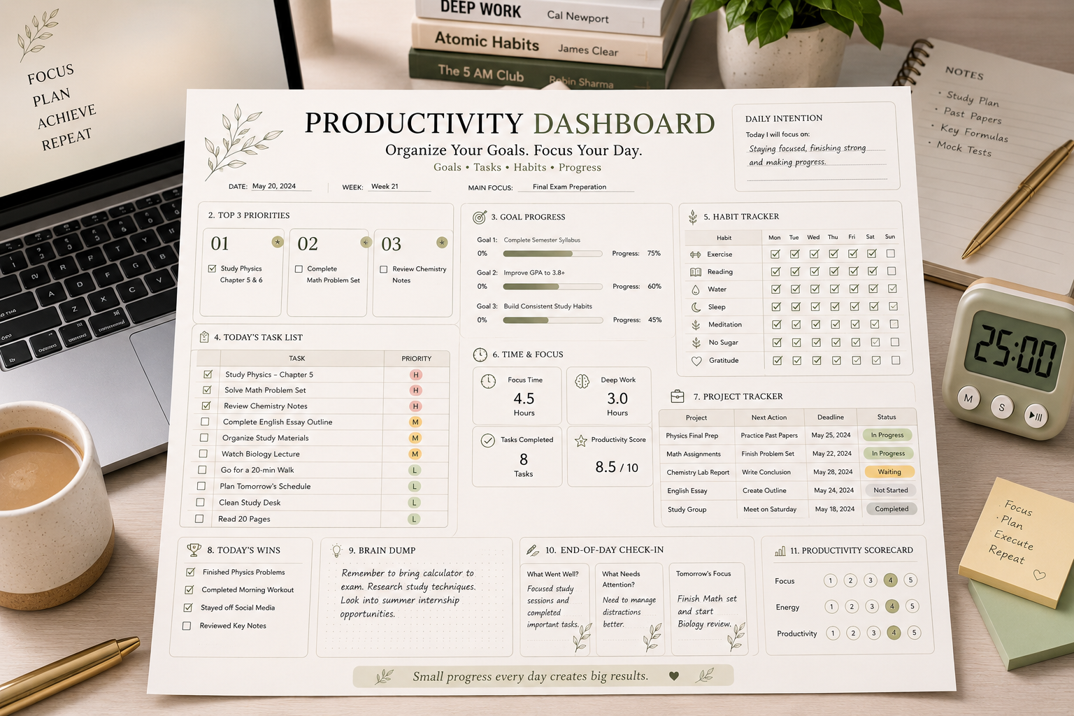 Productivity Dashboard Printable PDF featuring top three priorities, goal progress bars, daily task tracker, weekly habit tracker, focus time, project tracker, productivity scorecard, brain dump, daily wins, and end-of-day review in an elegant minimalist design.